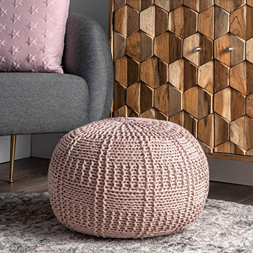 nuLOOM Berlin Casual Knitted Filled Ottoman Pouf, Blush, 14 x 20 x 20