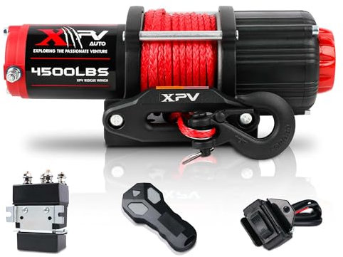 XPV AUTO Treuil électrique 12 V 2 041,2 kg pour remorquage ATV/UTV tout-terrain avec support de montage de télécommande sans fil et poignée filaire, étanche IP67 (corde synthétique)