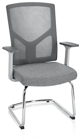 hjh OFFICE 751004 Besucherstuhl mit Armlehnen Breton V W Stoff/Netz Grau Freischwinger Konferenzstuhl, ergonomisch