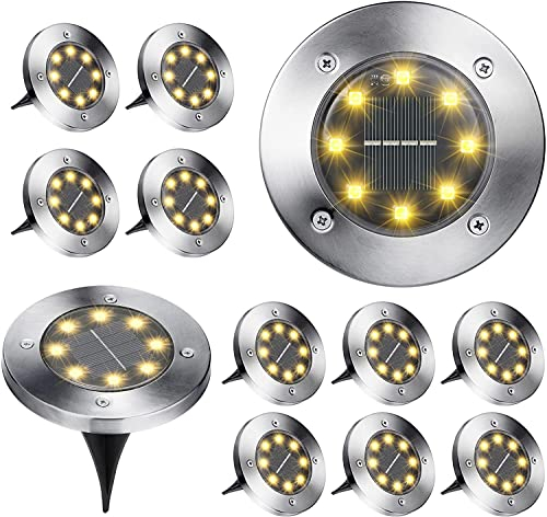 BrizLabs 12 Stück Solar Bodenleuchten Aussen, Solarleuchten Garten für Außen 8 LEDs Gartenleuchte Warmweiß Wasserdicht Solarlampen Licht für Rasen Auffahrt Gehweg Patio Terrasse Hof Balkon Deko