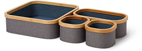 Lumaland Bambus-Rahmen Aufbewahrungsbox 4er Set rechteckig | Boxen in den Maßen 30 x 30 x 10 cm, 29,9 x 14,8 x 10 cm und zweimal 14,8 x 14,8 x 10 cm [Grau/Blau]