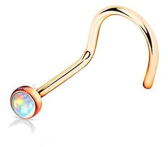 Nose Stud Opal Stone Screw Twist Curved Hook Bar Nostril Piercing (Rose Gold)