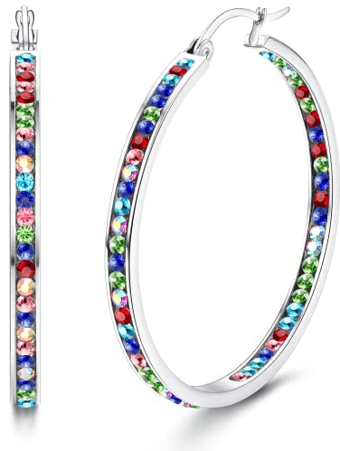 Dimaday Große Creolen in Edelstahl für Frauen - Multicolor Strass Creolen Nette Huggie Ohrringe Schmuck-Set 35MM/40MM/50MM