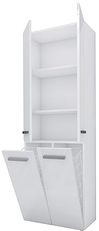 3E 3xE living.com Mobile bagno Bagnoli - Mobile da terra con tre ripiani e due cesti portabiancheria, bianco opaco/bianco lucido, P: 30 cm, A: 174 cm, L: 60 cm