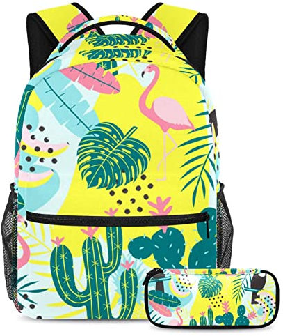 Freizeit Campus Reiserucksack mit Stifteetui Aquarell Flamingo Papagei Kaktus Blätter Taschen mit Flaschenhalter für Mädchen Jungen, metallisch, One size