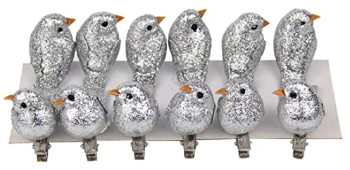 NIDONE 12 Stück künstliche Vögel Clip auf Baumschmuck Glitter Weihnachtsschmuck Mini niedliche Vögel Ornamente für Weihnachtsbaum, Geschenkverpackungen, Gartendekoration (Silber)
