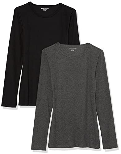 Amazon Essentials Women's Slim-Fit Long Sleeve Rib Knit Crew Neck Top (Available in Plus Size), Pack of 2, Black/Charcoal Heather, S