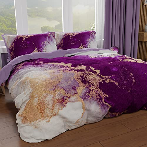 PETTI Artigiani Italiani - Set Copripiumino Matrimoniale 250x200 cm (2 Federe 50x80 cm Incluse), Parure Copripiumino Morbida Microfibra con Stampa Digitale - Made in Italy - Marble Viola