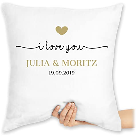 Kissen 40x40 Zierkissen - Ideen - I Love You mit Datum I Partner Geschenk I Geschenk Paare - 40 x 40 cm - Weiß - pärchenkisse pärchenkissen Valentinstag ich Pillow paarkissen päärchenkissen