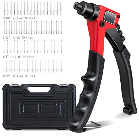 GYMAX Nietenzange, Nietzange Set mit 200 Nieten, Nietmutternzange inkl. Blindnieten (2.4/3.2/4.0/4.8 mm), Mini Nietmutternpistole mit Tragekoffer, Nietwerkzeugsatz für Metall, Kunststoff & Leder