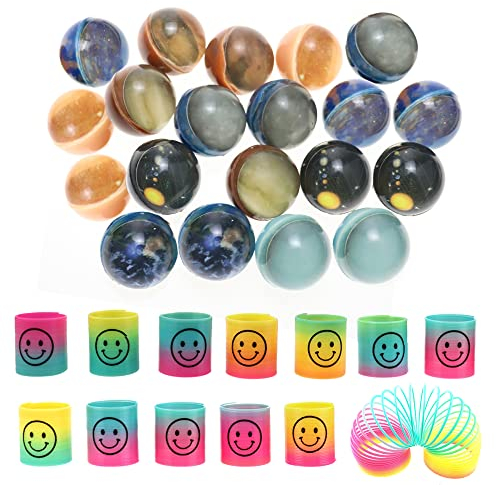 DAGORD Jouet Cadeau Anniversaire Enfant 20 pièces Balles Rebondissantes sur Thème de Espace et 12 pièces Mini Jouets à Ressorts Arc-en-ciel Jouet Éducatif pour Enfants Garçons Filles