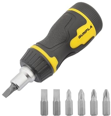 Gunpla Stubby Screwdriver Set with 7 CRV Bits (High-Torque Pocket Screwdriver, Compact Short & Small Design; Built-in Bit Storage, Ergonomic Yellow Handle)