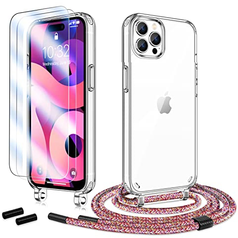 Anshow Handykette für iPhone 15 Pro Max Hülle mit Band + 2 Schutzfolie, Robust Necklace Extrem Stoßfest Handyhülle iPhone 15 Pro Max Case Transparent Schutzhülle zum Umhängeband Abnehmbar, Regenbogen