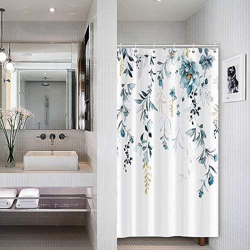 Piccola Tenda da Doccia a Foglia di Stallo Acquerello Pianta Botanica Blu Oro Eucalipto Foglie Tenda Doccia per RV e Camper Tessuto in poliestere Arredamento da bagno 92x183cm