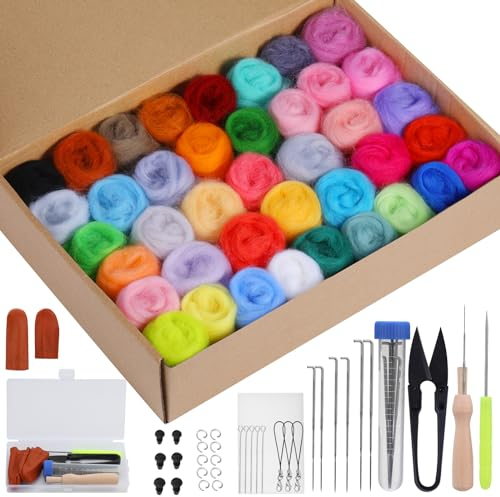 40 Farben Nadelfilz Set, 40 Farben je 5 Gramm, Nadelfilz Starter Set mit Filzwolle, Grundlegende Filzwerkzeuge für Anfänger, DIY Filz Tier Handwerk, Weihnachten Dekorationen Geschenk Heimdekoration