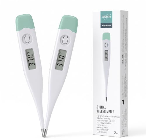 EUROPAPA 2 Stück Digitales Fieberthermometer für Babys, Kinder und Erwachsene, Thermometer für oral, axillar oder rektal, wasserdicht mit Fieberalarm (Grün)