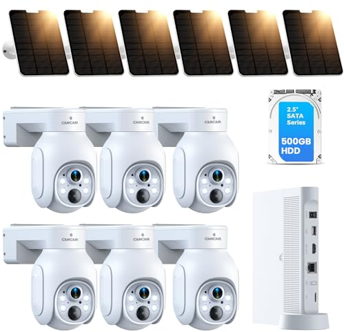 Camcamp Sistema di telecamere di sicurezza wireless, PTZ a energia solare, 4 MP, 6 camme, sistema di sicurezza con 6 camme, HDD NVR da 500 GB, facile installazione, visione notturna a colori, audio a