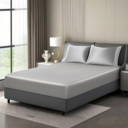 Luowei Satin Spannbettlaken Boxspringbett 180x200cm Sommer Bettlaken Hellgrau Seidig Seide Kühlend Microfaser Spannbetttuch 180x200 Weich Maschinenwaschbar für Hohe Matratze bis 25-30 cm