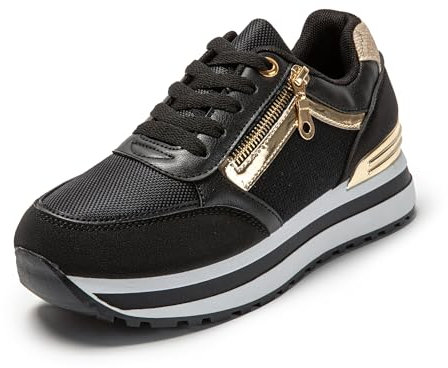JOMIX Zapatillas Mujer con Plataforma - Zapatos Deportivos con Cuña - Zapatillas para Vestir y Gimnasio - Negro, 38 EU