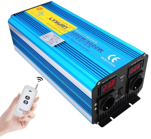 LVYUAN Wechselrichter 24V 230V 4000W/8000W Rein Sinus Spannungswandler Konverter Transformator mit 2 Steckdosen EU AC, USB, Drahtlose Fernbedienung und LED für Solaranlagen, Auto, Camping, Reisen