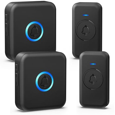 FOVKSUC Wireless Doorbell, Waterproof Door Bell with 60 Chimes, 5 Volume Levels & Mute Mode, Loud Door Bell Ringer Wireless for Home Classroom Office (2 Receiver & 2 Button, Black, U.S. Plug)