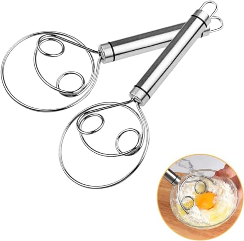 Lot de 2 fouets à pâte danois en acier inoxydable de qualité supérieure, mélangeur manuel pour,Fouet danois manuel pour la pâtisserie, batteur à pain à deux trous pour un mélange rapide