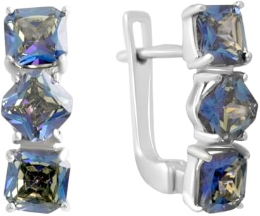 Huggie-Ohrring aus 925er-Sterlingsilber mit englischem Schloss über quadratischem, mehrfarbigem Mystic-Topas; Steingewicht [ct]: 6,1 ct, Gewicht 3,97 g. und rhodinierte Oberfläche