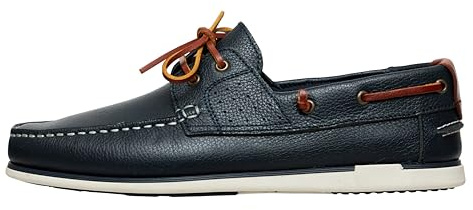 Zapatos de barco para hombre, de piel auténtica, mocasines planos con cordones de piel, en azul oscuro y marrón, 2 zapatos para barco de ojos, azul oscuro, 41 EU Estrecho