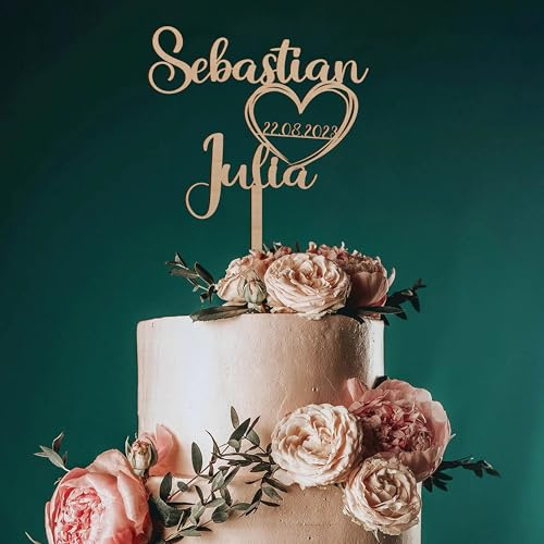 Personalisierbarer Holz Cake Topper - Kuchen Torten Deko mit Namen & Datum des Hochzeitpaares - Perfekt zur Hochzeit/Hochzeitstorte