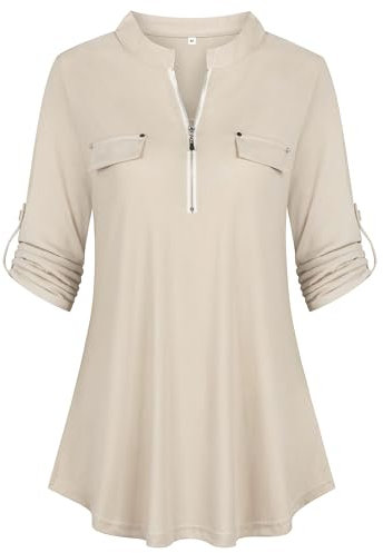 Lalala Tunique à carreaux avec col en V, manches 3/4 et fermeture éclair, couleur unie, haut long pour femmes, Abricot, XXL