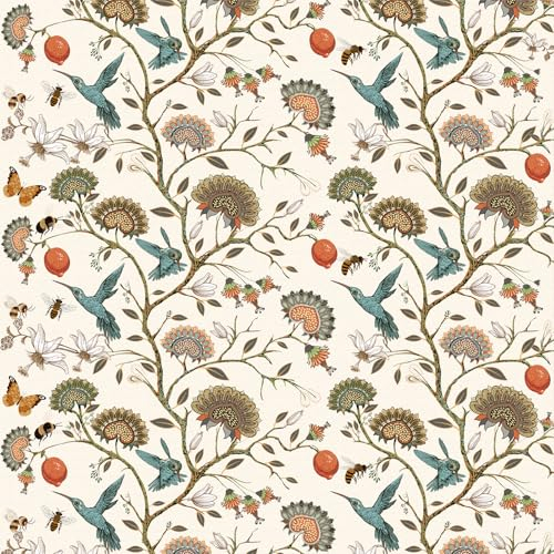 Papel Pintado Flores Beige,44 x 300cm Papel Pintado Flores y Pajaros Verde Hojas Mariposas Abeja Azul Pajaros Plantas Arbol Bosque Naranja Limón Vinilo Adhesivo para Muebles,Sala de Estar, Dormitorio