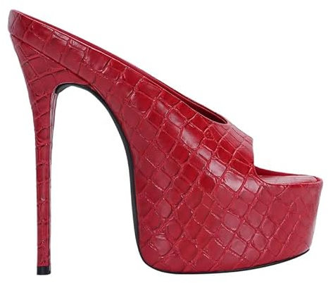 blingqueen Damen Stiletto Sandalen Pantoletten High Heels Plateau Peeptoe Sandaletten mit Glatt Reptiloptik Rot 41 EU