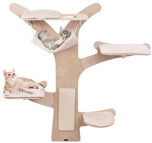 GYMAX Kletterwand Katzen, Katzenwand mit Hängematte, 4 Plattformen & Sisalpfosten, Kratzbaum mit weichen & waschbaren Kissen, baumförmige Katzenmöbel Wandmontage für Hauskatzen