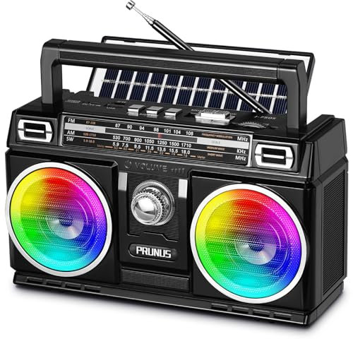PRUNUS Radio FM portátil de 750 AM con altavoz Bluetooth, reproducción de tarjeta TF USB, radio recargable solar/USB-C, doble altavoz, luz colorida, radios de transistor portátiles AM FM, radio