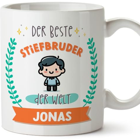 Mugffins Tassen Personalisieren mit Spruch für STIEFBRUDER - Auf Deutsch - Bester der Welt - Mit Zeichnung - 11 oz / 330 ml - Individuell Anpassbar Geschenk