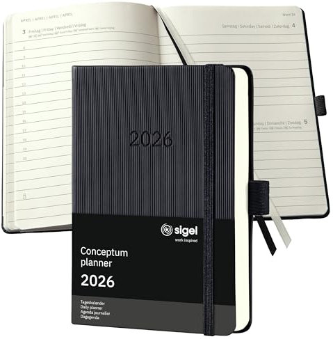SIGEL C2611 Terminplaner Tageskalender 2026, ca. A6, schwarz, Hardcover, 400 Seiten, Gummiband, Stiftschlaufe, Archivtasche, aus nachhaltigem Papier, Chefkalender Conceptum