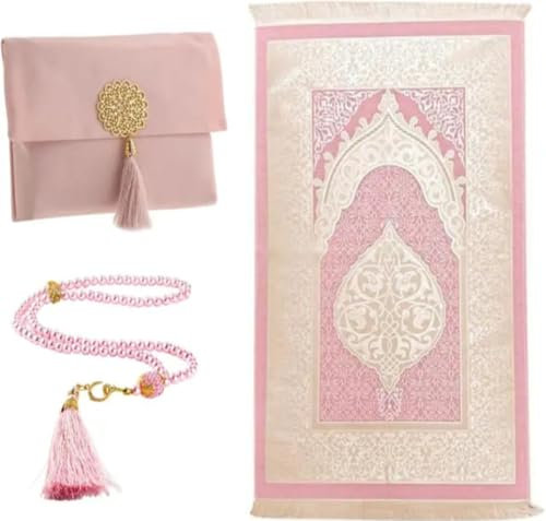 Générique Coffret Cadeau de Tapis de Priere Musulman avec Saccoche Chapelet en Perle SWAK et musc Offert (Rose)