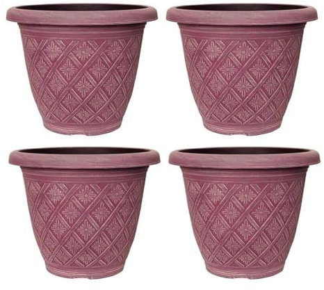 Fyne-Finds Set of 4 Round 33cm,13inch Garden Plant Pot 11Liters Woven Flower Outdoor Decor Planter Frost Proof, Weatherproof, Drainage Hole (Pink)