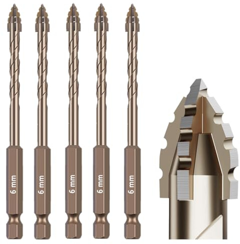 5Pcs Serrated Masonry Drill Bit Set (1/4-6mm) – Titanium Coated High-Speed Steel, Eccentric Flute Design for Dry Drilling Concrete, Tile, Glass, Brick & Metal – Industrial & Household Use