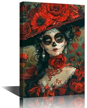 TISHIRON Wanddekoration mit buntem Totenkopf-Mädchen, Wandkunst für Wohnzimmer, Tag der Toten in Mexiko, Poster und Drucke, moderne Wohnkultur, Giclée-Holzrahmen, Galerie, fertig zum Aufhängen, 30,5