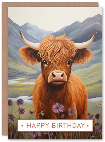 Artery8 Happy Birthday Cute Highland Cow in Scotland Heather Birthday Card