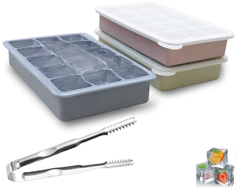 Uptwomark Silicone Ice Cube Tray with Lid & Ice Clip, Easy Release, Freezer & Dishwasher Safe, 3 Pack, 15 Large Square Moulds Per Tray, Stackable & Food Grade for Drinks