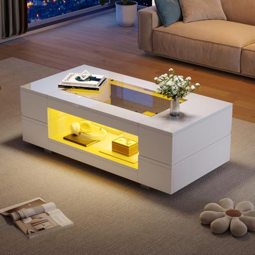 OOIILLEE Table Basse LED Noire avec Contrôle Bluetooth, Meuble Design à Double Plateau Brillant pour Salon, Fêtes et Bureau, Ambiance Moderne et Éclairage Personnalisable (Blanc)