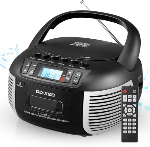 DGXWLLW Boombox - Lettore CD e cassette con radio FM/Bluetooth/AUX/USB/registrazione, telecomando, jack per cuffie, display LCD, doppio suono stereo, DC 5 V, 2 A/6 C, alimentato a batteria per la casa