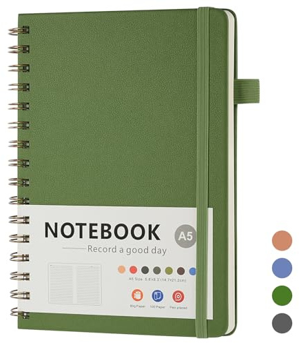 OSDUE Cahier à Spirale A5 avec Intercalaires, Vert 200 Pages Cahier Ligné Détachables Lignées Couverture Rigide en PU pourTravail Bureau et École Bureau et Cadeaux, 21.5 * 15.6 * 2cm