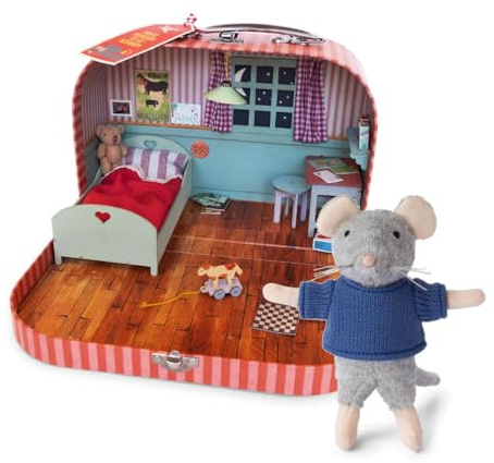 Mini-Schlafzimmer zum Mitnehmen + Sam Plüsch 11 cm – Einfaches Komplett-DIY-Puppenhaus im Koffer | Holzmöbel, Bettwäsche & Dekorationsblätter | Maßstab 1:12 | Sam & Julias Maus-Mansion