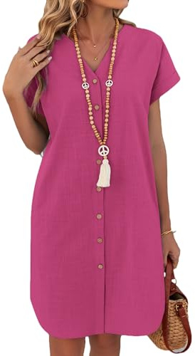Zeagoo Robe D'été Femme Décontractée Col V Mini Robe Manches Courtes Robe en Lin Ample Blouse Robes Bikini Plage Cover Up Rose Rouge S
