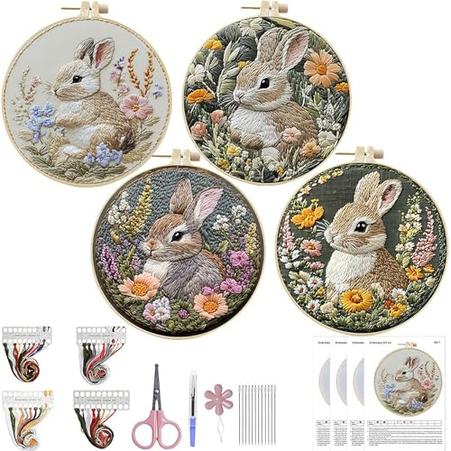CXINLky Sticken Set Erwachsene, DIY Osterhasen Stickset für Anfänger Kreuzstich Set Embroidery Kit - Enthält Kattun, Faden, Nadel, Stickrahmen-4 Stuck-H