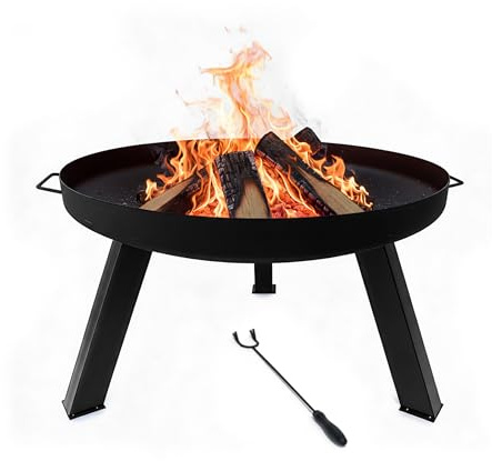 Relaxdays Feuerschale, Ø Schale 59 cm, mit Schürhaken, schwarz | pulverbeschichteter Stahl, Feuerstelle Garten, Terrasse