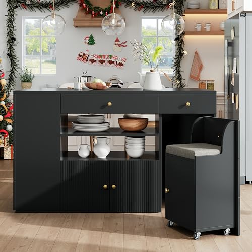 BTM Kitchen Island with Seating Sideboard Free Standing Kitchen Cabinets with Bar Stools & 6 Drawers, Black